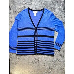 Studio I Women's Striped Knit V-Neck Button Cardigan Sweater Blue Black 12